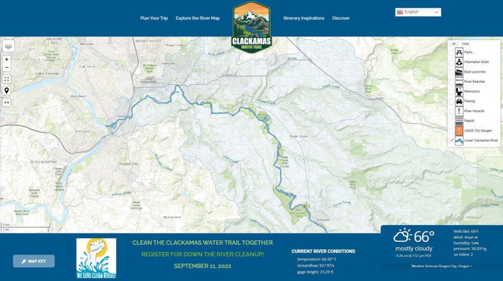 Clackamas Water Trail website includes interactive map and practical information for exploring and floating the river.