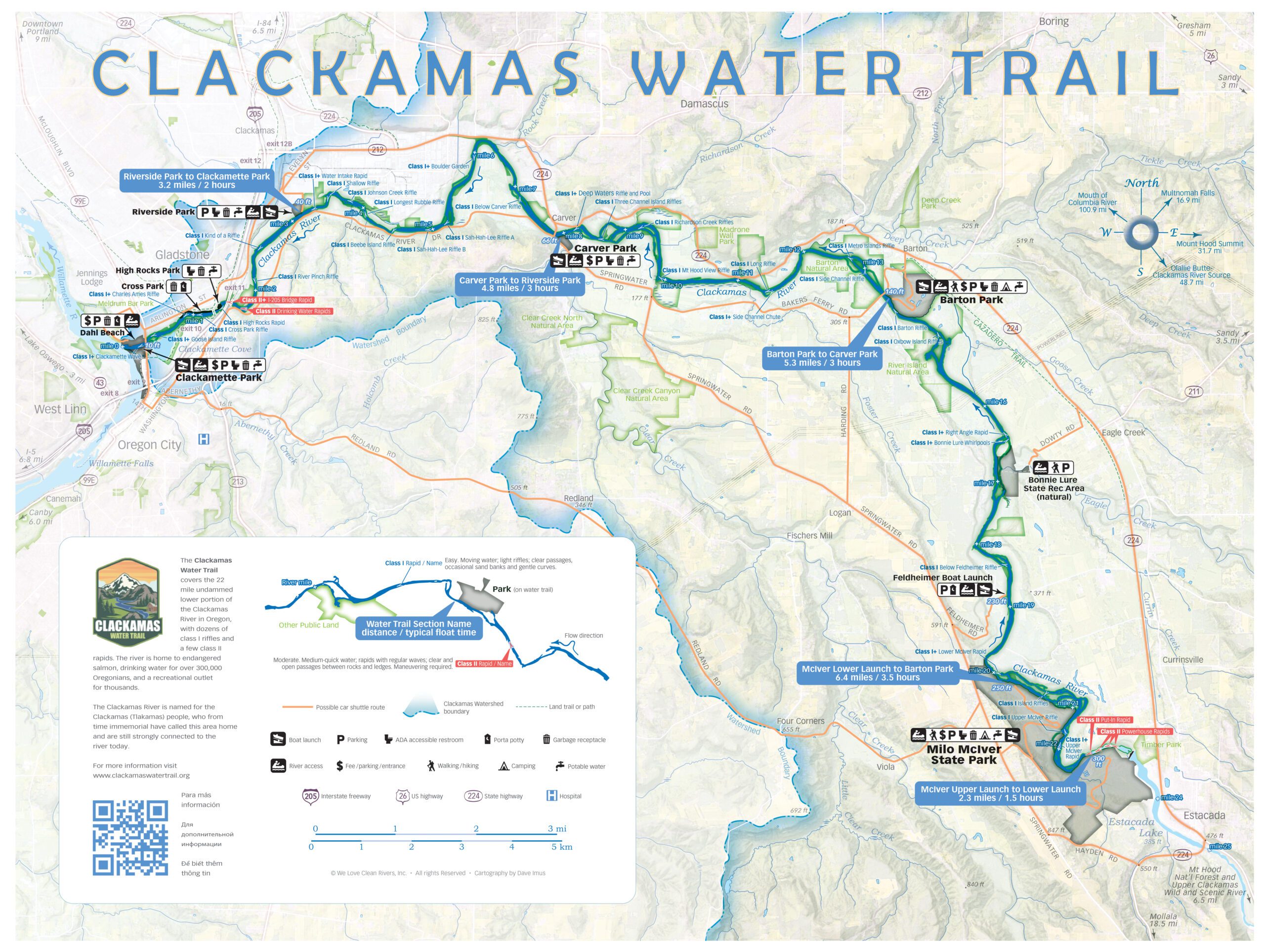 Clackamas Water Trail map - designed for signage at launches and other access points on the river.