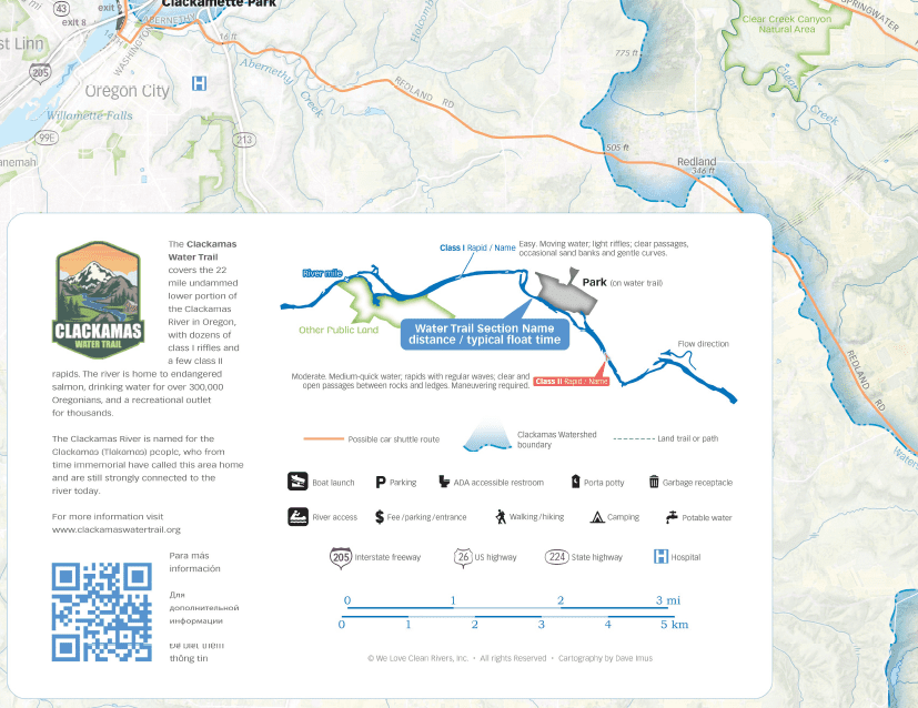 Clackamas Water Trail map shows possible shuttle routes in orange (ex. Redland Rd.).