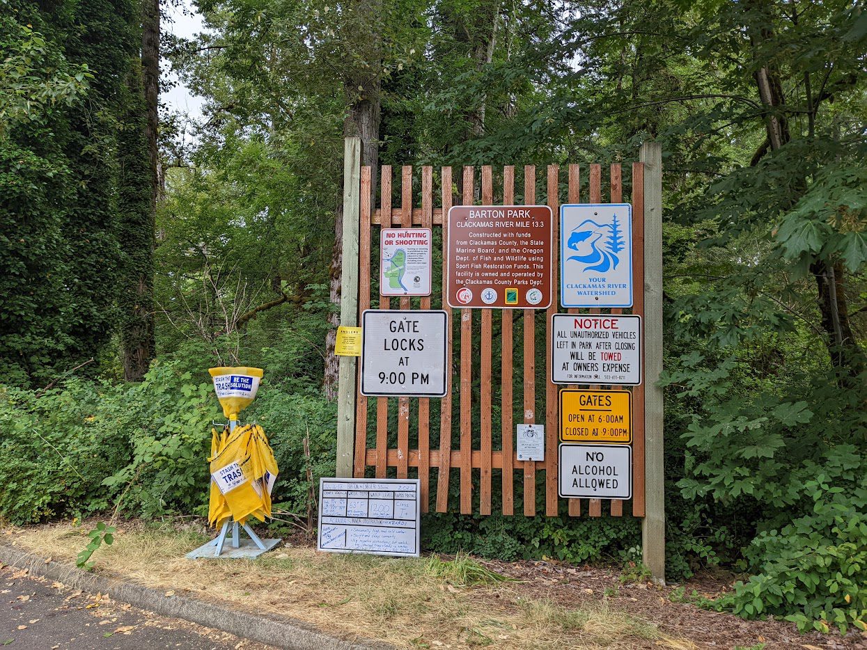 Original sign wall in 2023. With a little recomposition, space was made for the Clackamas Water Trail map!