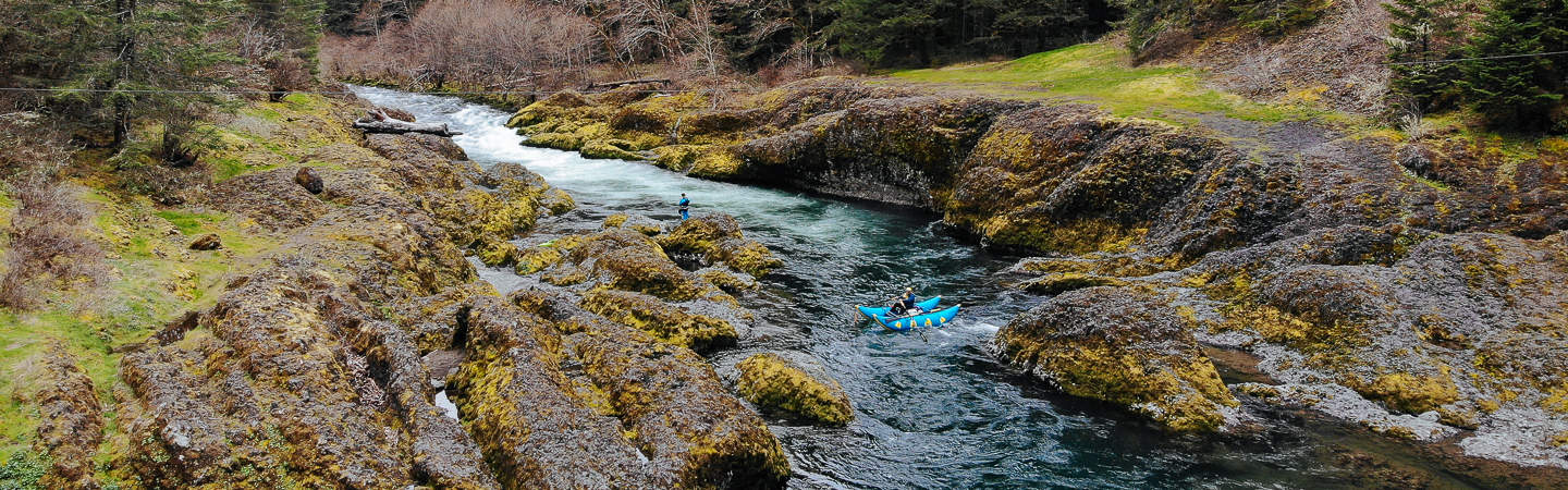 The Upper Clackamas features dramatic basalt walls and cliffs, and roiling rapids.