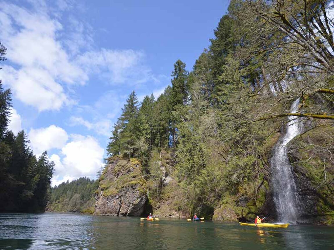 Waterfall on Estacada Lake. Paddle a canoe or kayak to explore!